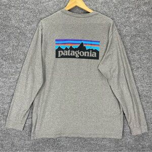 Patagonia Men’s Long Sleeve Shirt Size XL Heather Gray Graphic Logo Cotton Heavy